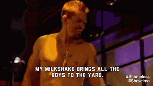 a man without a shirt is talking about his milkshake