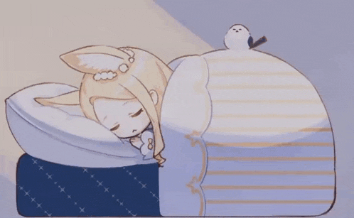 a girl is sleeping on a bed with a bird on her head