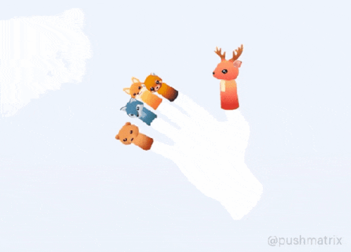 a hand with five finger puppets on it including a deer and fox