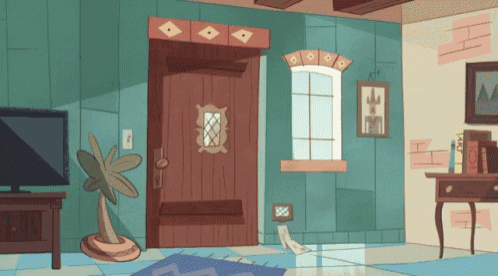 a cartoon drawing of a living room with a palm tree and a tv