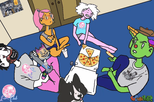a cartoon of a group of people sitting around a pizza box with a t-shirt that says the geek club