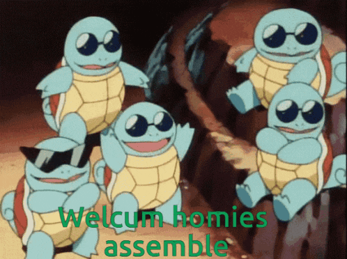 a group of cartoon turtles wearing sunglasses with welcum homies assemble written below them