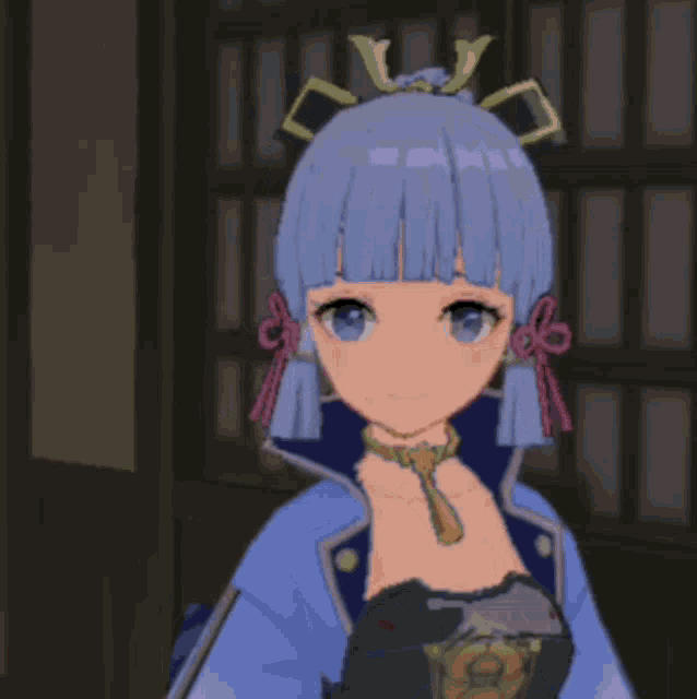 a cartoon character with blue hair and a bow on her head