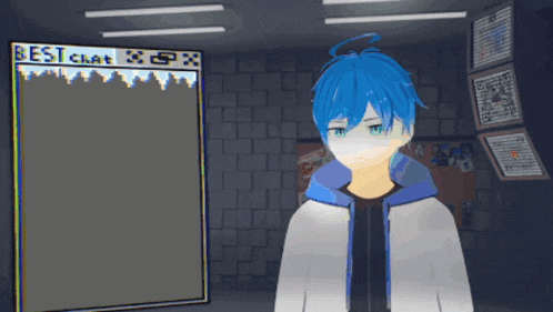 a cartoon character with blue hair is standing in front of a sign that says best chat