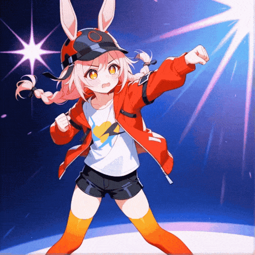 a girl with bunny ears is wearing a red jacket and hat