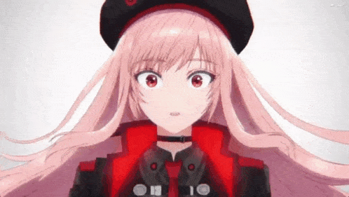 a close up of a pink haired anime girl wearing a red hat and headphones .