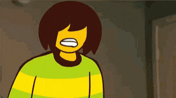 a cartoon character with a yellow and green striped shirt and brown hair is standing in a dark room .