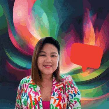 a woman in a colorful jacket with a red speech bubble behind her
