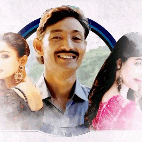 a man with a mustache is smiling in a painting with two women