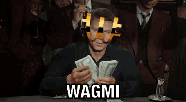 a man in a suit is holding a bunch of money and the word wagmi is on the bottom