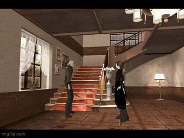 a man and a woman are standing in front of a staircase in a room with imgflip.com written on the bottom
