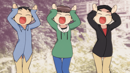 three cartoon characters with their hands in the air