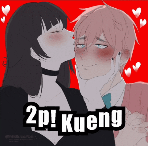 a drawing of a girl kissing a boy with the words 2p ! kueng on the bottom