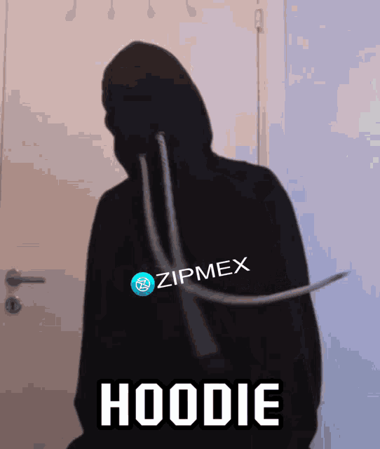 a person wearing a black zipmex hoodie stands in front of a door