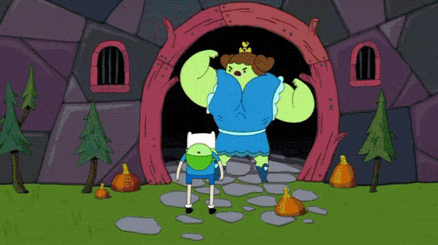 a cartoon character is standing in front of a giant green monster