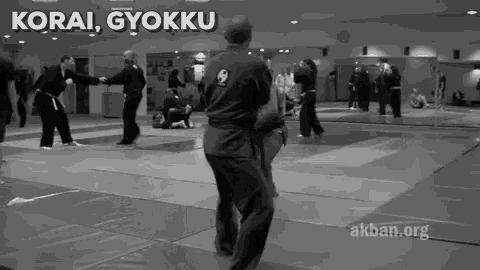 a black and white photo of people practicing martial arts with the words koral gyökku on the bottom
