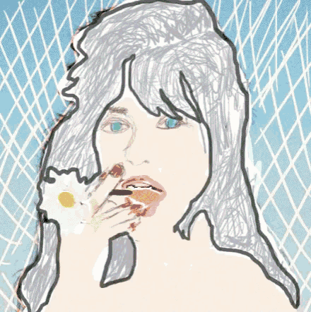 a drawing of a woman with long white hair and blue eyes