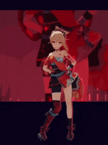 a girl in a red and black outfit is standing in front of a red background