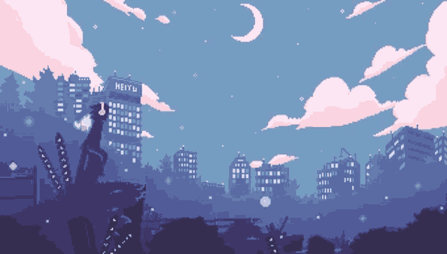 a pixel art drawing of a city at night with a building that says heiyu