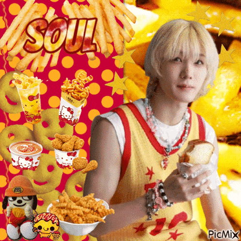 a boy is surrounded by a variety of fast food including french fries