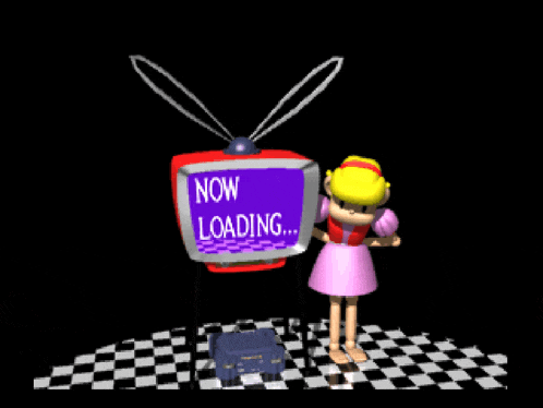 a cartoon girl is standing in front of a television that says now loading