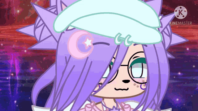 a cartoon character with purple hair and a white hat