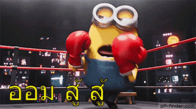 a minion wearing boxing gloves is in a boxing ring with the words " gif-finder.com " below him