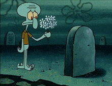 squidward from spongebob is standing in front of a gravestone