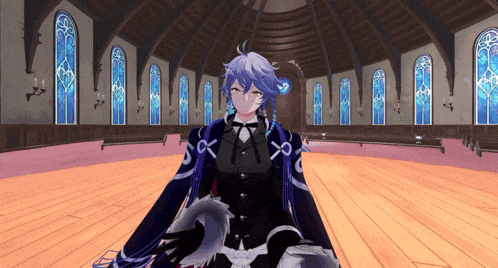 a cartoon character with a sword in his hand is standing in a church with stained glass windows