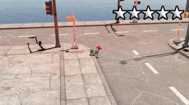 a cartoon character is walking down a sidewalk next to a street with a few stars above it