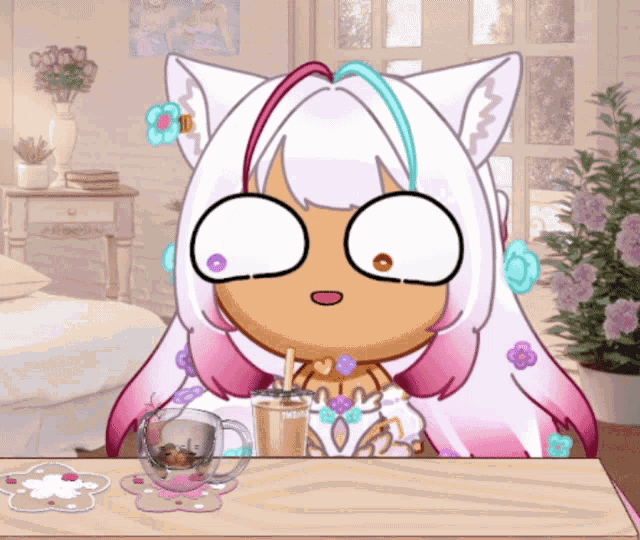 a cartoon drawing of a girl with white hair and pink ears