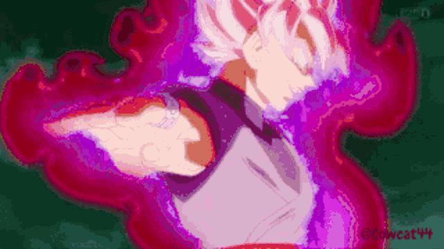 a pixel art of a person with a purple aura coming out of them .