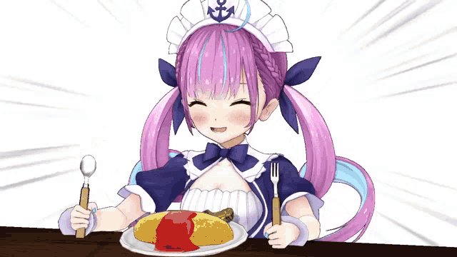 a girl with purple hair is holding a fork and spoon and a plate of food