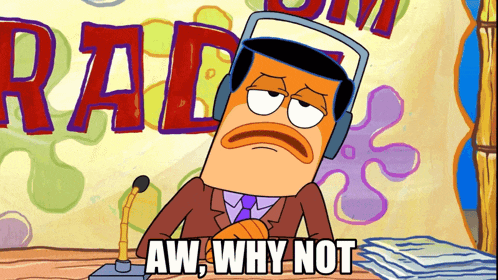 a cartoon character says aw why not in front of a sign that says radio