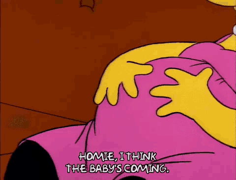 a cartoon of a pregnant woman holding her belly with the words " homie , i think the baby 's coming "