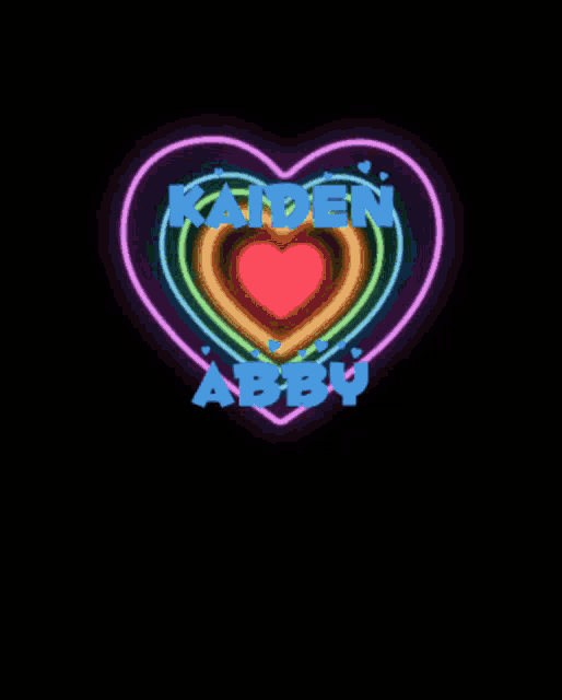 a neon heart with the name kaiden abby in blue