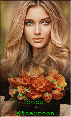 a picture of a woman holding a basket of flowers with the words good afternoon written below her