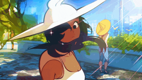 a cartoon drawing of a woman wearing a white hat and sunglasses