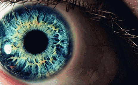 a close up of a person 's blue eye with a black center