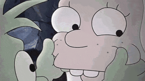 a close up of a cartoon character kissing another cartoon character 's face .