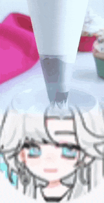 a close up of a person 's face with a piping bag being used to frost a cupcake .