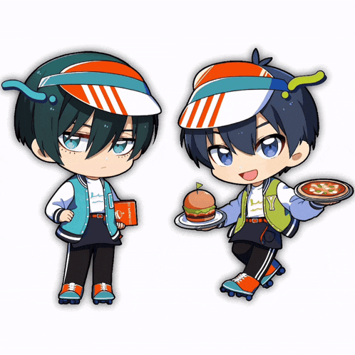 a cartoon of a boy holding a hamburger and another boy holding a pizza