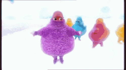 a purple and a blue cartoon character are dancing in the snow