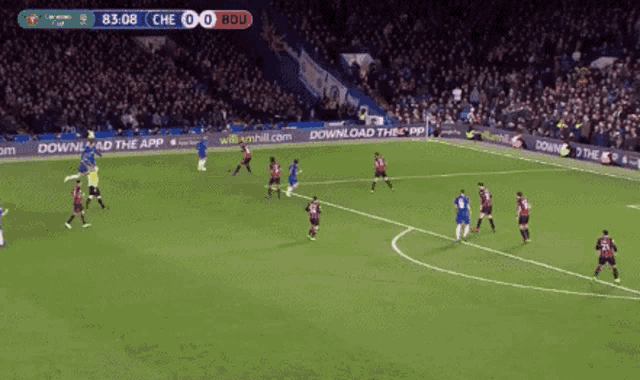 a soccer game is being played with the scoreboard showing 83:08