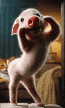 a cartoon pig is standing on its hind legs and smiling