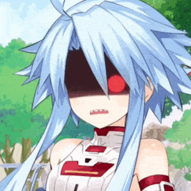 a cartoon character with white hair and red eyes is making a funny face .