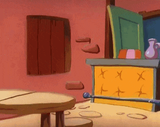 a cartoon scene with a table and a fireplace