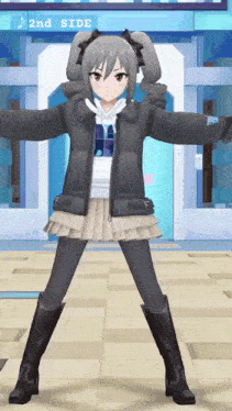 a girl in a black jacket and skirt is standing in front of a sign that says 2nd side