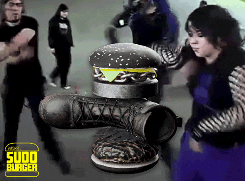a group of people standing around a hamburger and a boot with the words sudo burger on the bottom