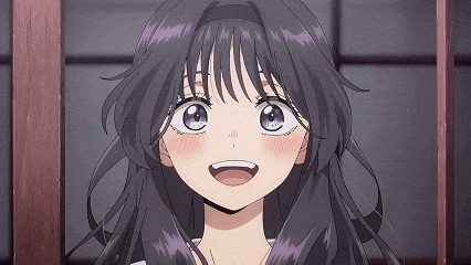 a close up of a girl 's face with purple hair and blue eyes